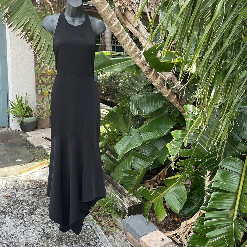 Badgely Mishka, asymmetric handkerchief, hem halter dress with a bow